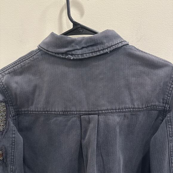 Free People Embellished Military Shirt Jacket Gray Distressed Beaded Patchwork - Picture 8 of 13